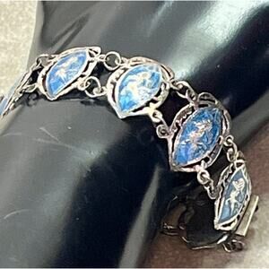 Vintage Siam Sterling Silver Blue Enamel Thai Dancer Panel Bracelet